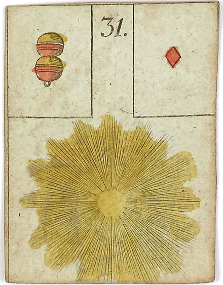 Hechtel's Game of Hope, card 31, the Sun, with playing-card insets, hand-coloured, 1799