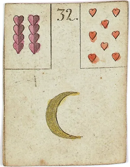Hechtel's Game of Hope, card 32, the Moon, with playing-card insets, hand-coloured, 1799