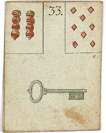 Hechtel's Game of Hope, card 33, the Key, with playing-card insets, hand-coloured, 1799