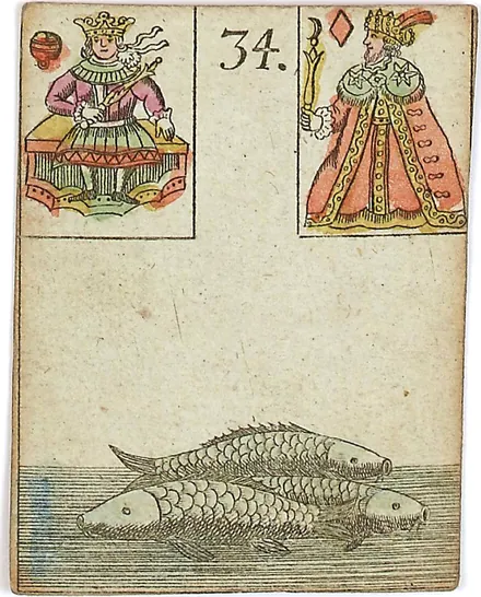 Hechtel's Game of Hope, card 34, the Fish, with playing-card insets, hand-coloured, 1799